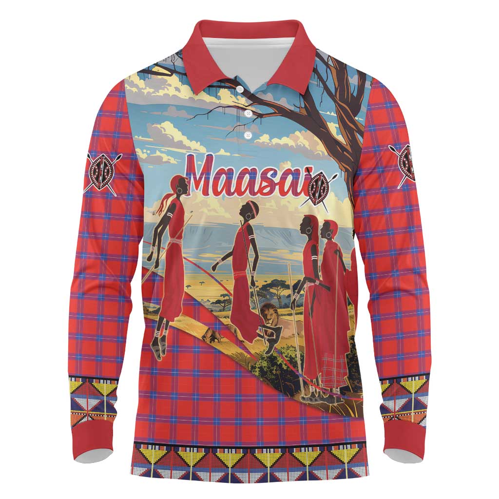Maasai Adumu Dance Long Sleeve Polo Shirt Shuka Pattern - Kenya Safari