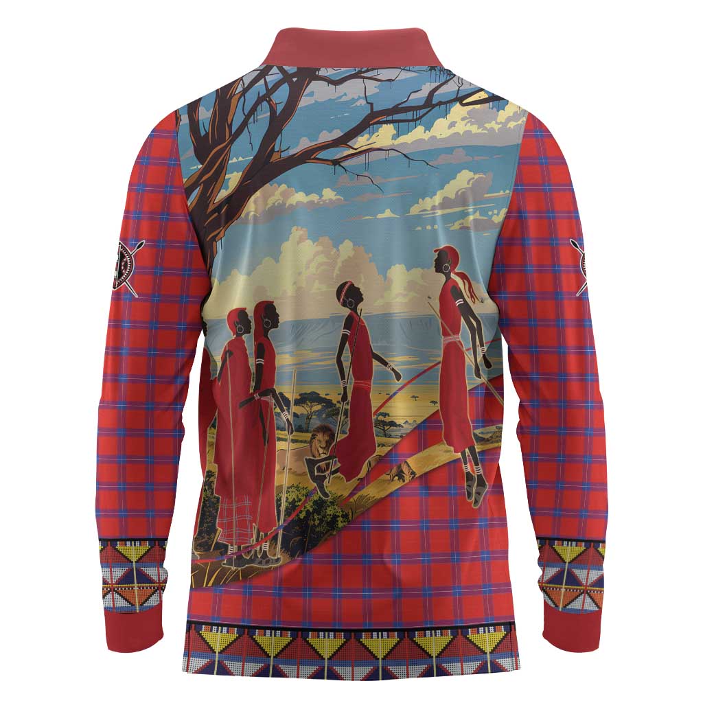 Maasai Adumu Dance Long Sleeve Polo Shirt Shuka Pattern - Kenya Safari