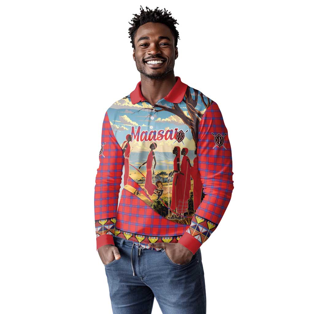 Maasai Adumu Dance Long Sleeve Polo Shirt Shuka Pattern - Kenya Safari