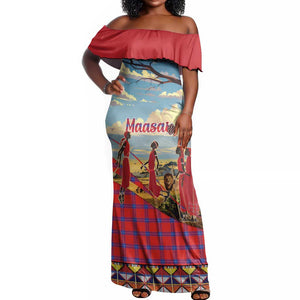 Maasai Adumu Dance Off Shoulder Maxi Dress Shuka Pattern - Kenya Safari
