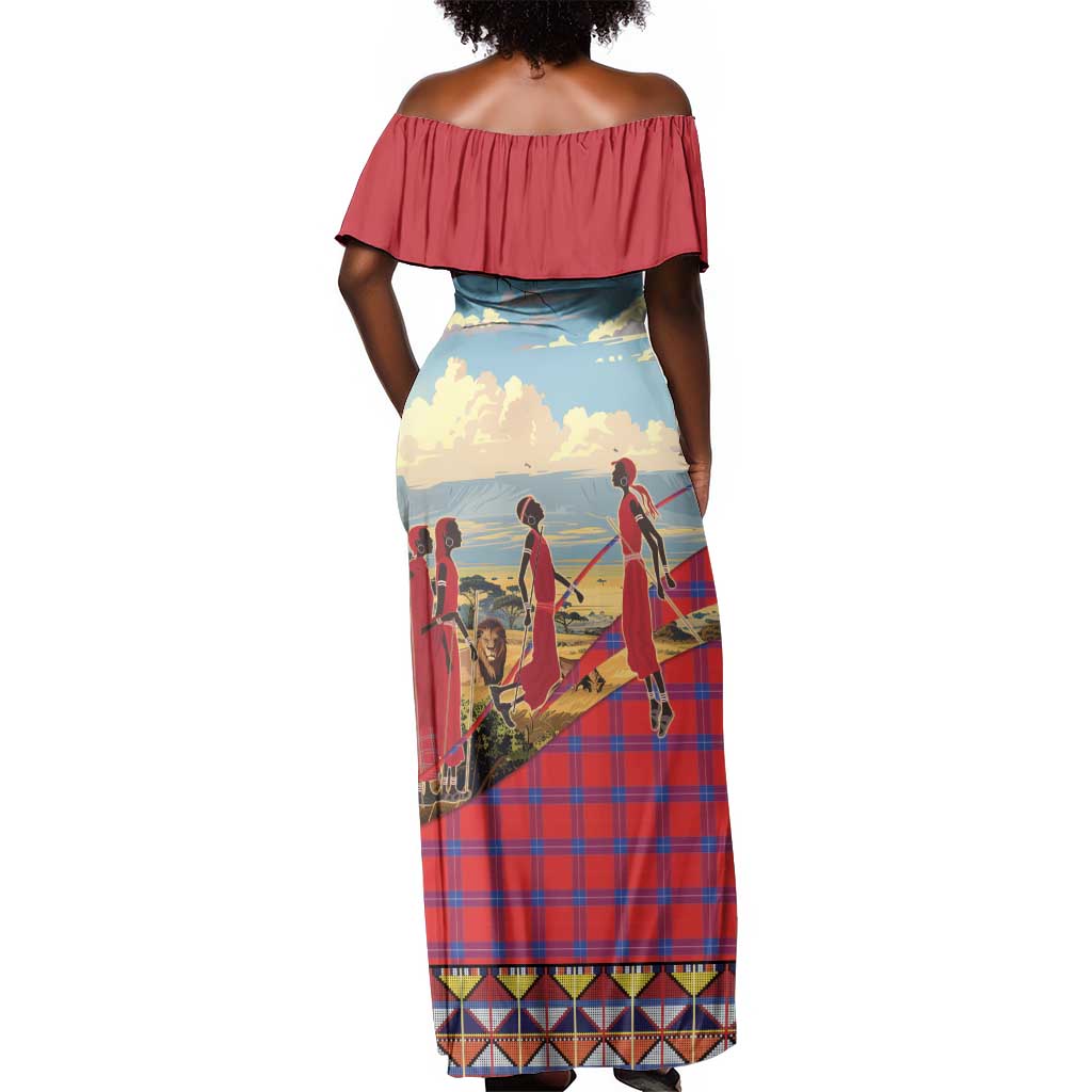 Maasai Adumu Dance Off Shoulder Maxi Dress Shuka Pattern - Kenya Safari