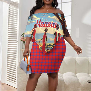 Maasai Adumu Dance Off Shoulder Short Dress Shuka Pattern - Kenya Safari