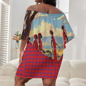 Maasai Adumu Dance Off Shoulder Short Dress Shuka Pattern - Kenya Safari