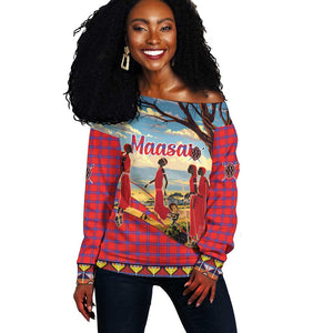 Maasai Adumu Dance Off Shoulder Sweater Shuka Pattern - Kenya Safari
