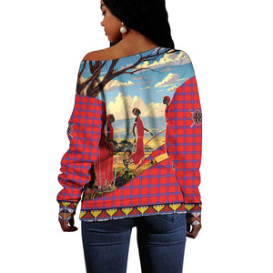 Maasai Adumu Dance Off Shoulder Sweater Shuka Pattern - Kenya Safari