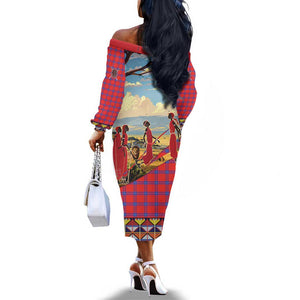 Maasai Adumu Dance Off The Shoulder Long Sleeve Dress Shuka Pattern - Kenya Safari