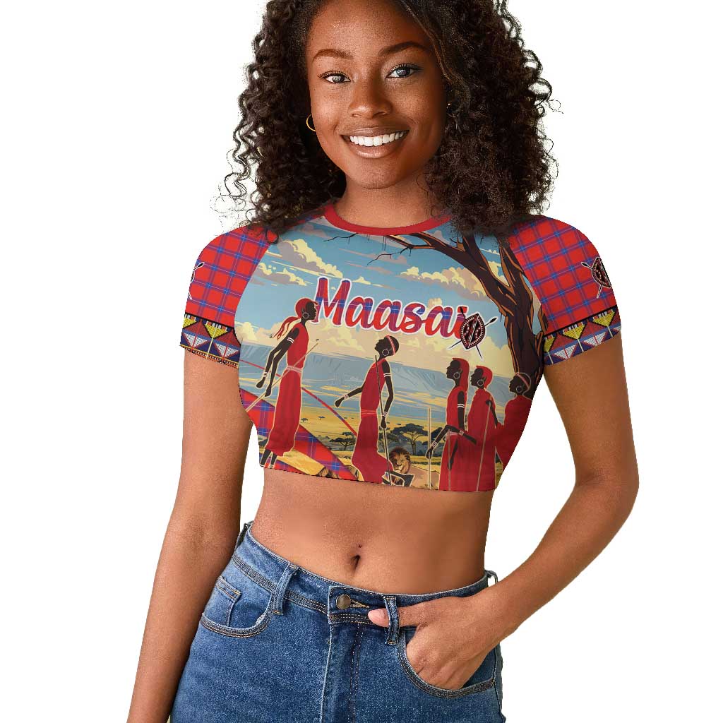 Maasai Adumu Dance Raglan Cropped T shirt Shuka Pattern - Kenya Safari