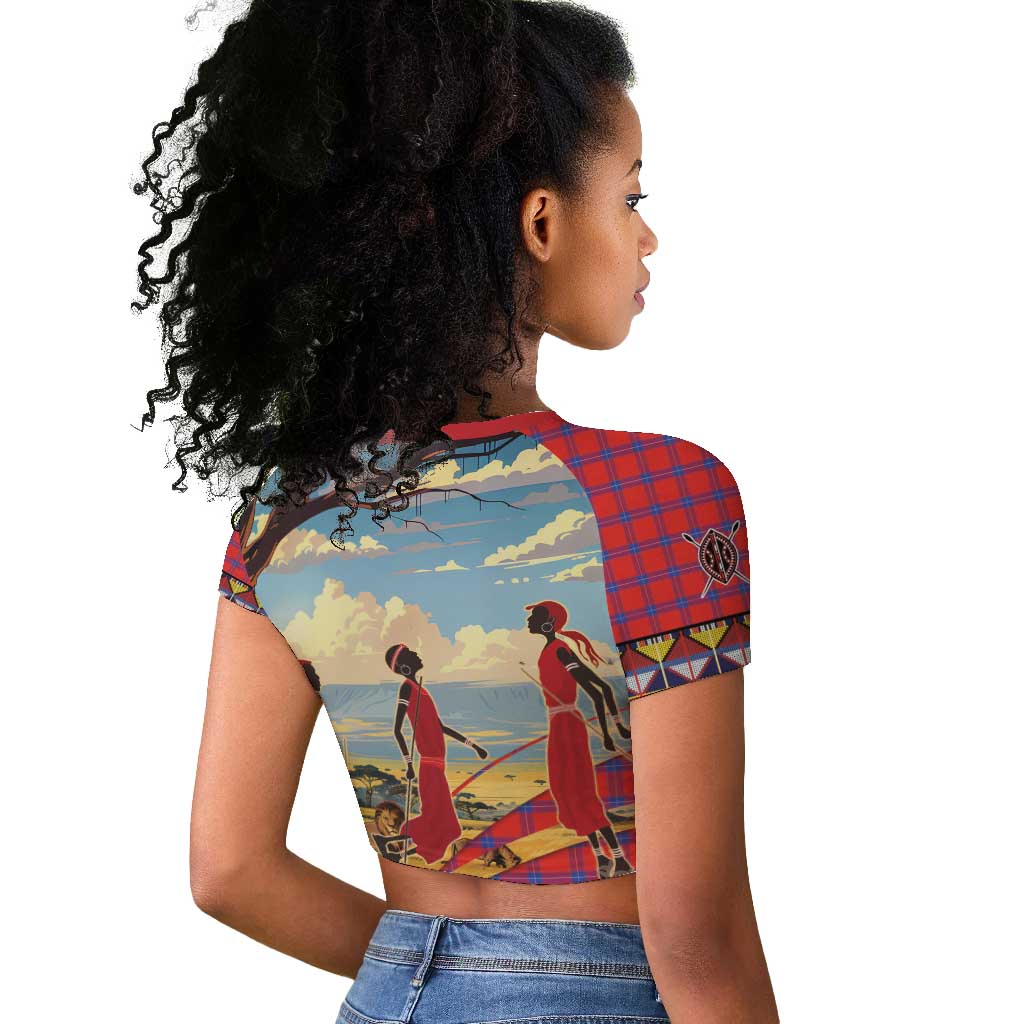 Maasai Adumu Dance Raglan Cropped T shirt Shuka Pattern - Kenya Safari