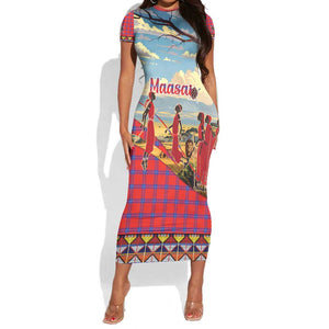 Maasai Adumu Dance Short Sleeve Bodycon Dress Shuka Pattern - Kenya Safari LT15