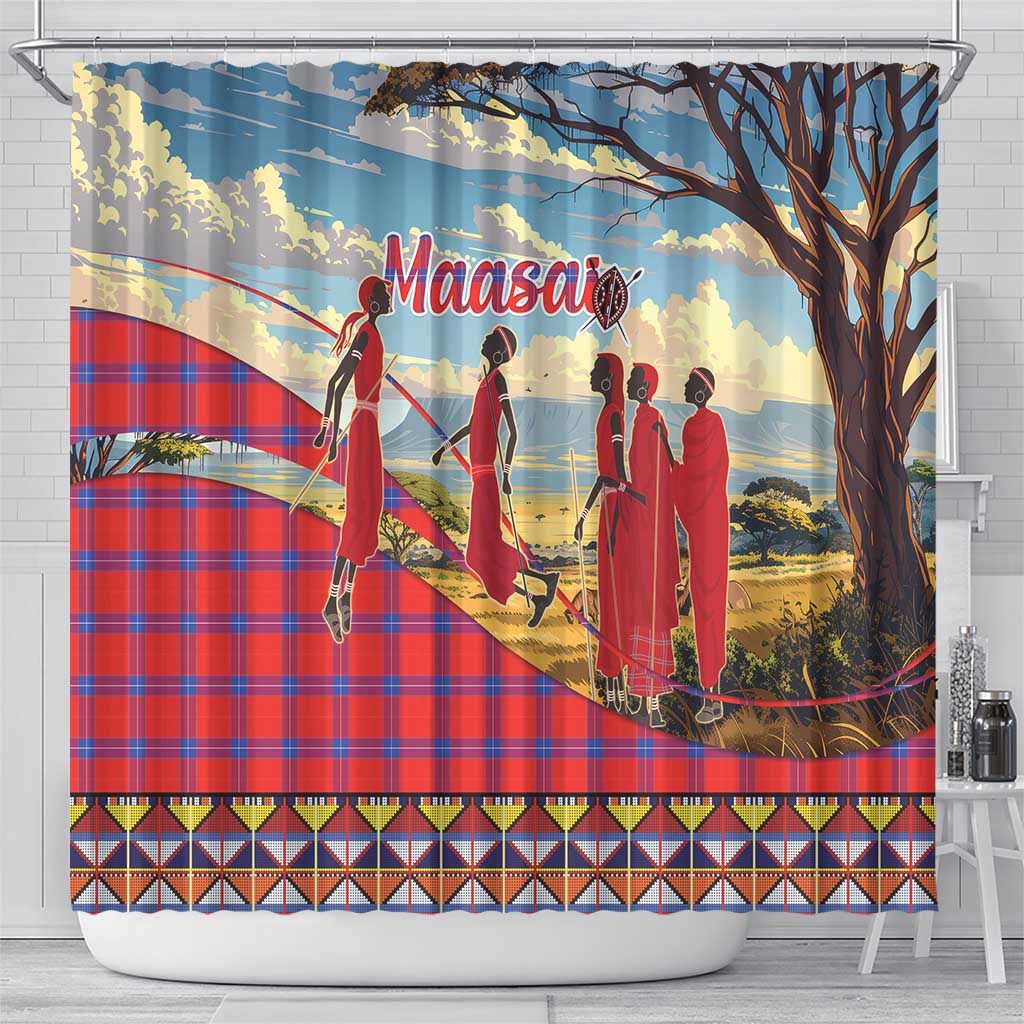 Maasai Adumu Dance Shower Curtain Shuka Pattern - Kenya Safari