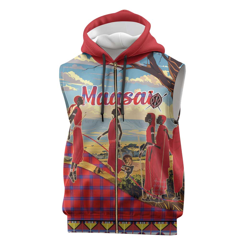Maasai Adumu Dance Sleeveless Zip Hoodie Shuka Pattern - Kenya Safari - African Pride