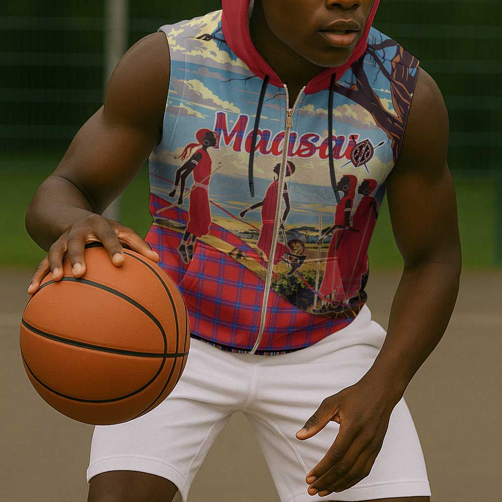 Maasai Adumu Dance Sleeveless Zip Hoodie Shuka Pattern - Kenya Safari - African Pride