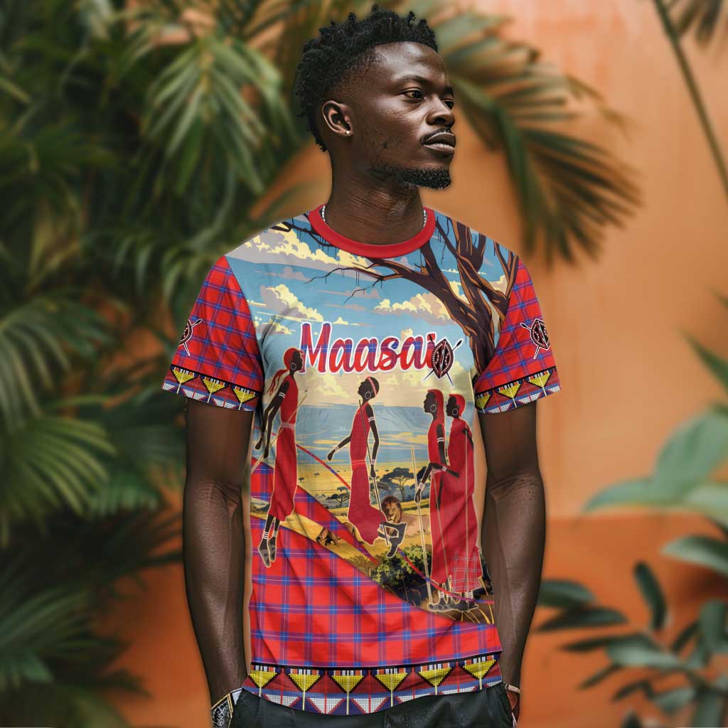 Maasai Adumu Dance T shirt Shuka Pattern - Kenya Safari