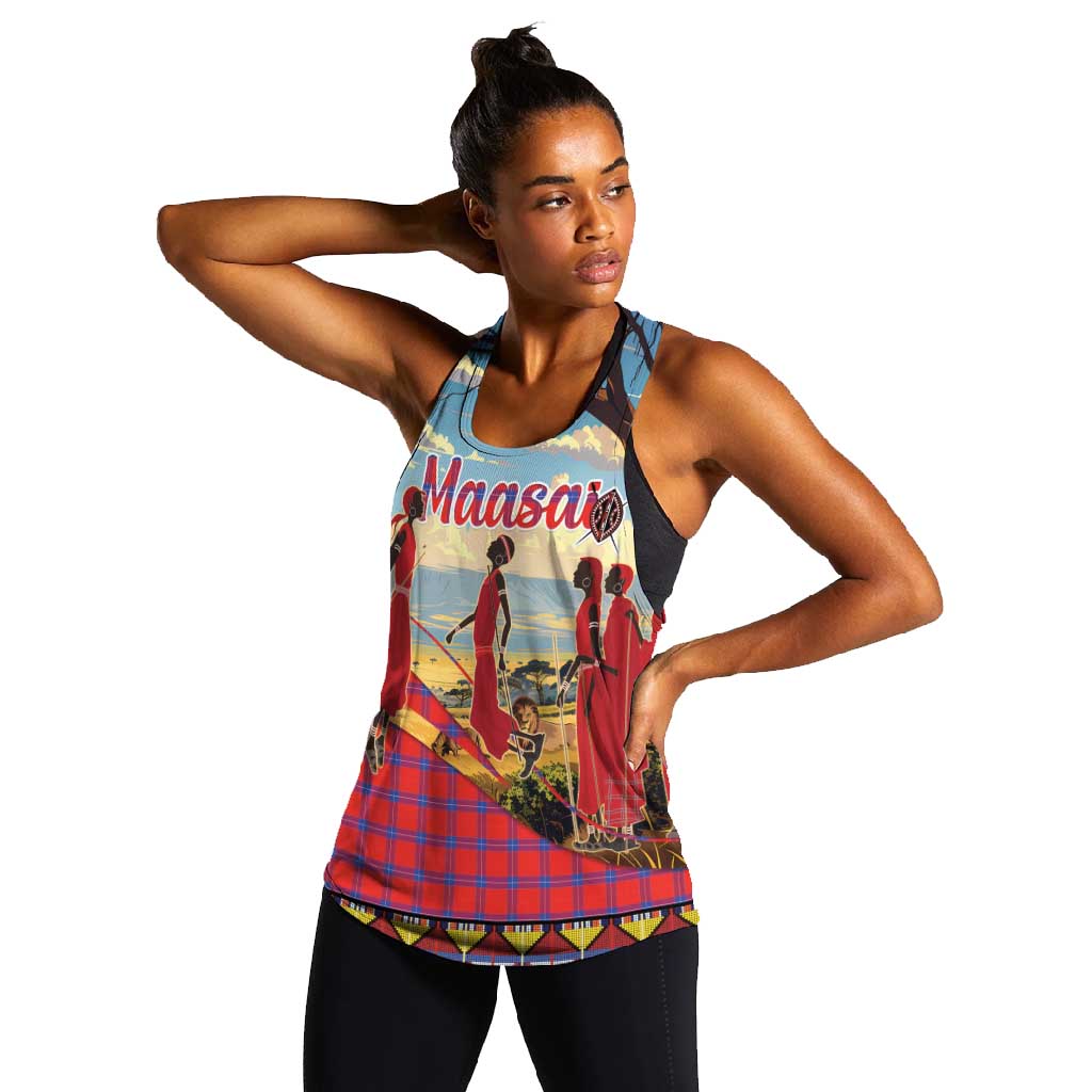 Maasai Adumu Dance Women Racerback Tank Shuka Pattern - Kenya Safari
