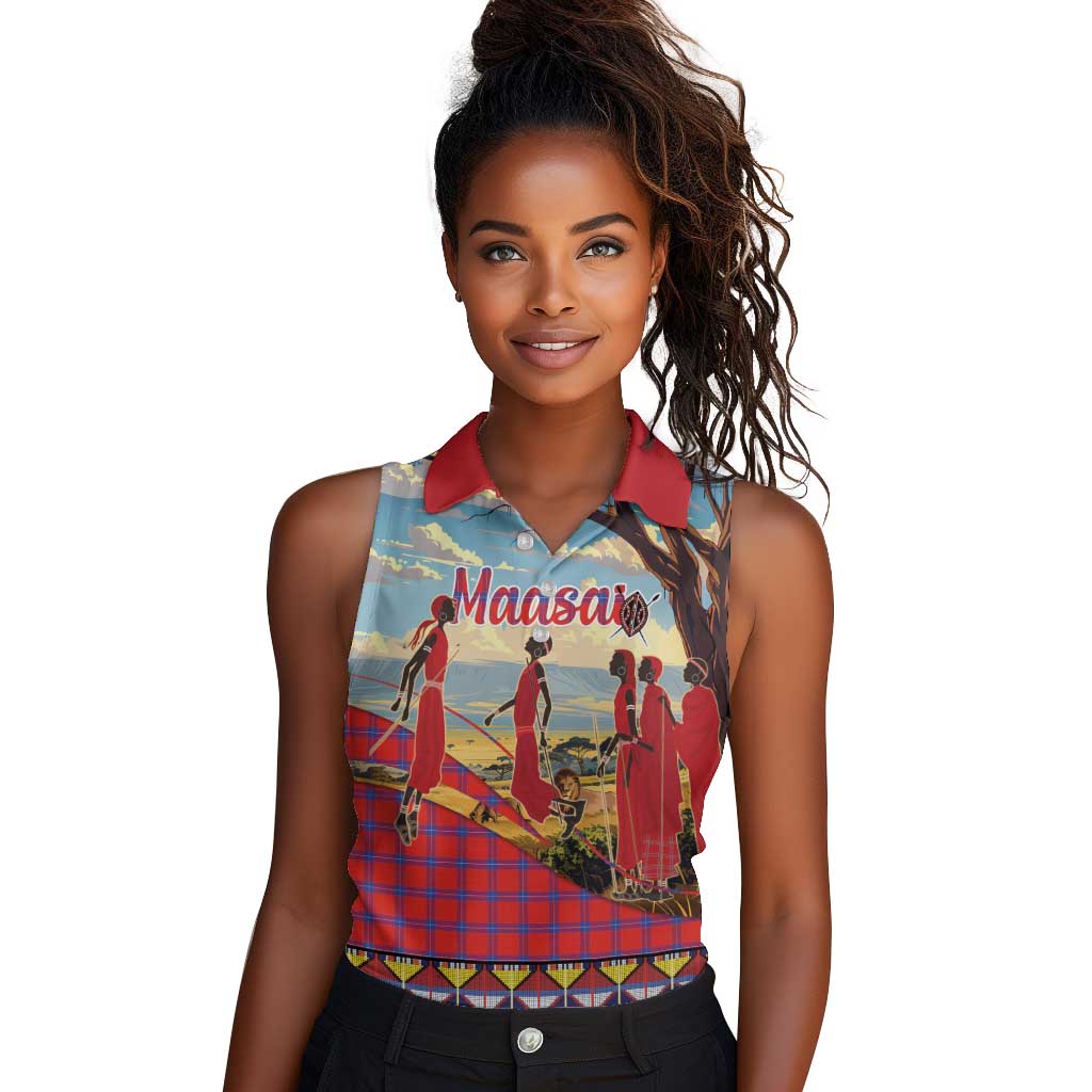 Maasai Adumu Dance Women Sleeveless Polo Shirt Shuka Pattern - Kenya Safari