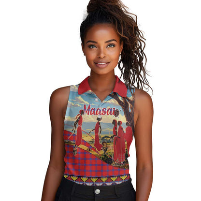 Maasai Adumu Dance Women Sleeveless Polo Shirt Shuka Pattern - Kenya Safari
