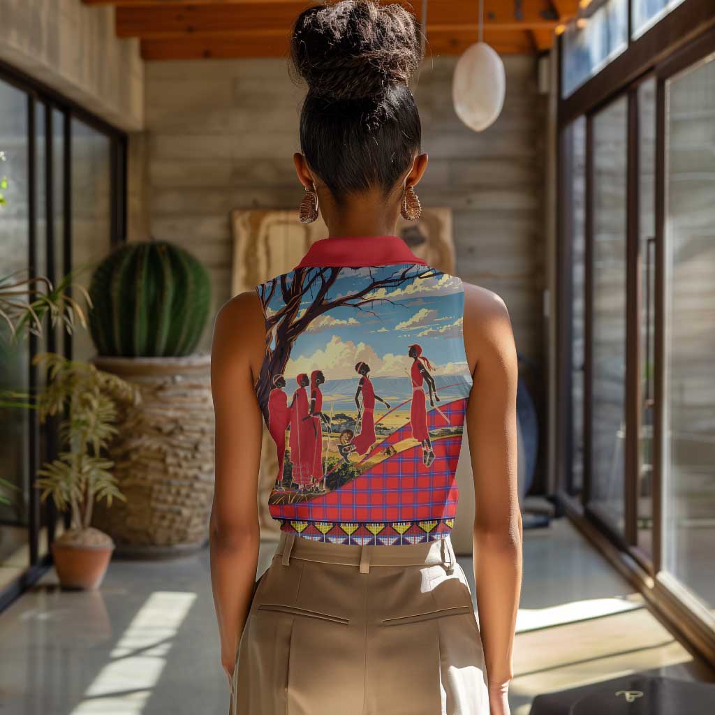 Maasai Adumu Dance Women Sleeveless Polo Shirt Shuka Pattern - Kenya Safari
