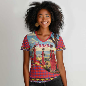 Maasai Adumu Dance Women V-Neck T-Shirt Shuka Pattern - Kenya Safari