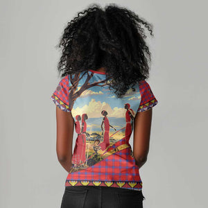 Maasai Adumu Dance Women V-Neck T-Shirt Shuka Pattern - Kenya Safari