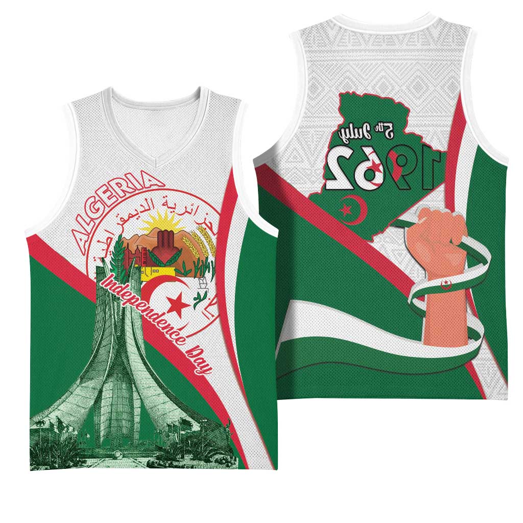 Algeria Independence Day Basketball Jersey Coat Of Arms With Maqam Echahid - African Pride