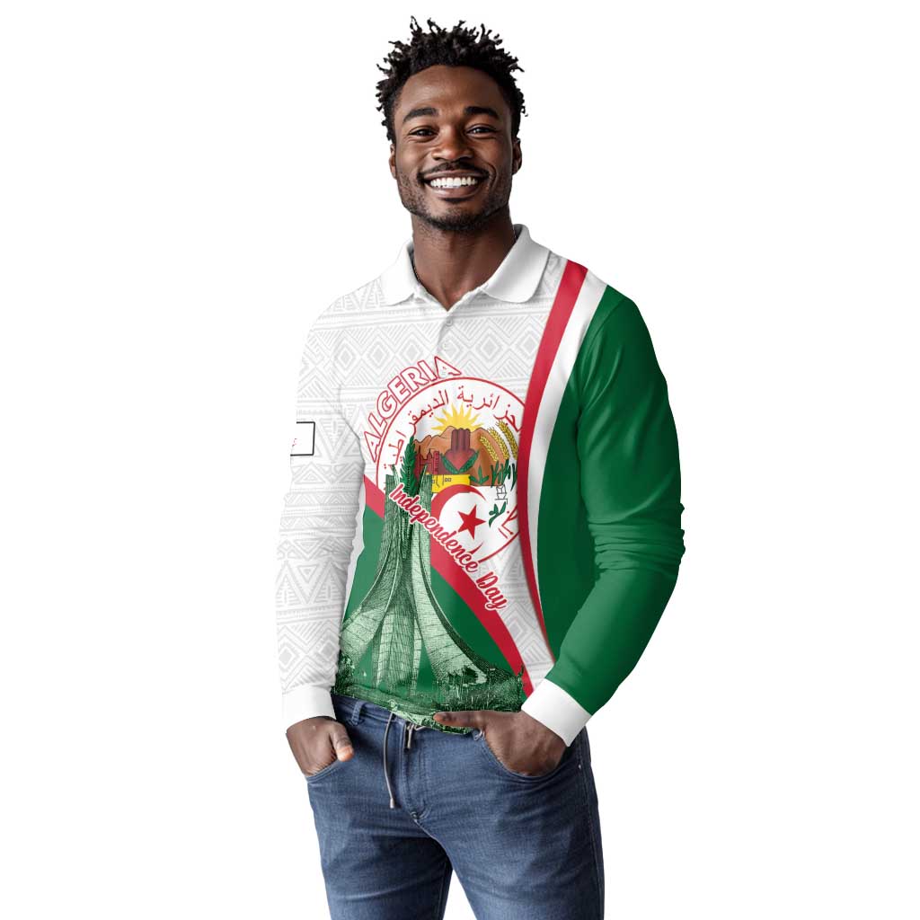 Algeria Independence Day Long Sleeve Polo Shirt Coat Of Arms With Maqam Echahid