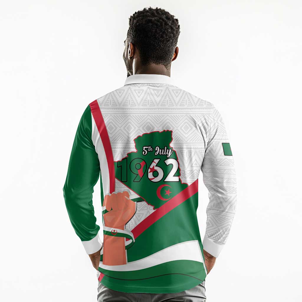 Algeria Independence Day Long Sleeve Polo Shirt Coat Of Arms With Maqam Echahid