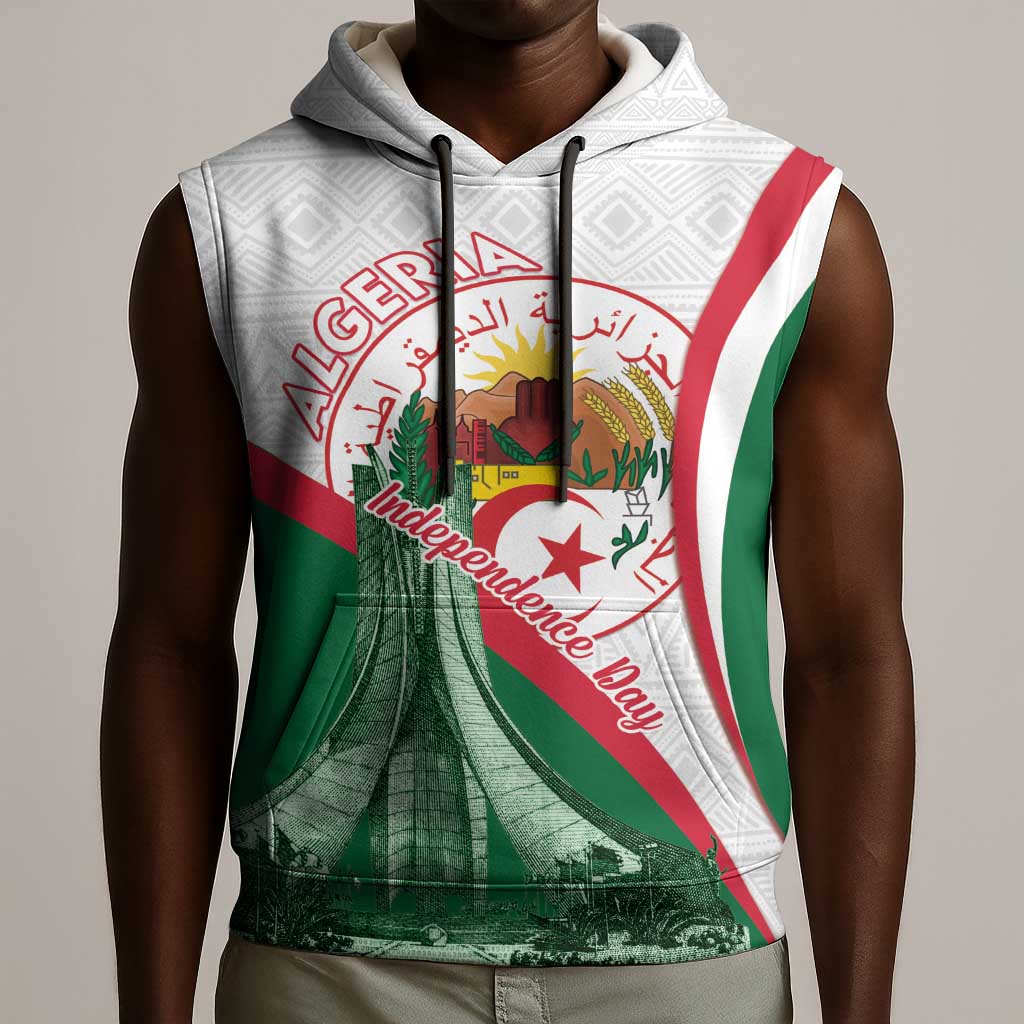 Algeria Independence Day Sleeveless Hoodie Coat Of Arms With Maqam Echahid - African Pride