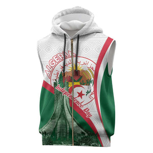 Algeria Independence Day Sleeveless Zip Hoodie Coat Of Arms With Maqam Echahid - African Pride