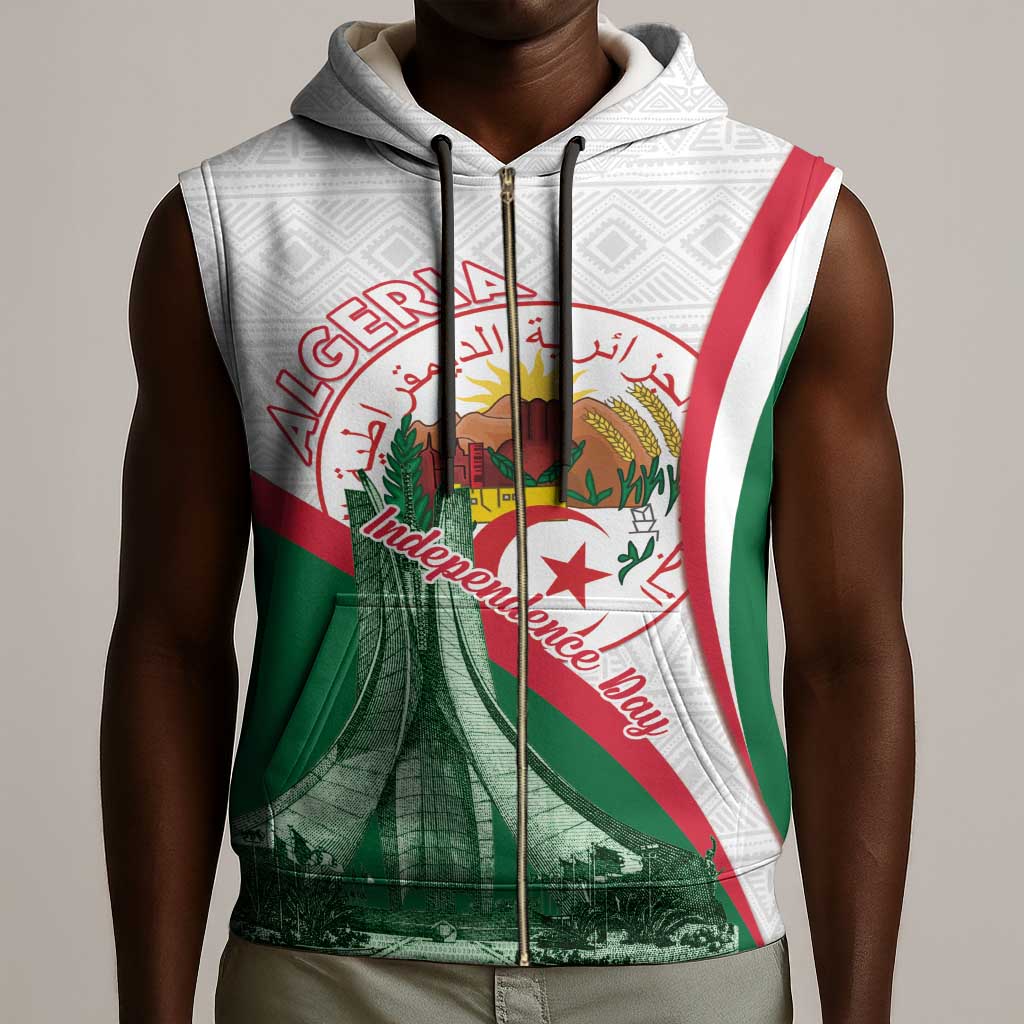 Algeria Independence Day Sleeveless Zip Hoodie Coat Of Arms With Maqam Echahid - African Pride