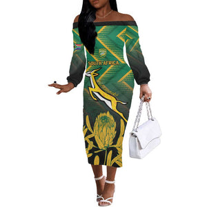South Africa Rugby Custom Off The Shoulder Long Sleeve Dress Go Springboks Go