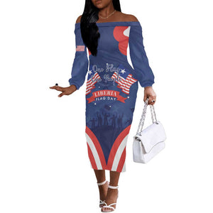 Personalized Liberia Flag Day Off The Shoulder Long Sleeve Dress One Flag One People - African Pride