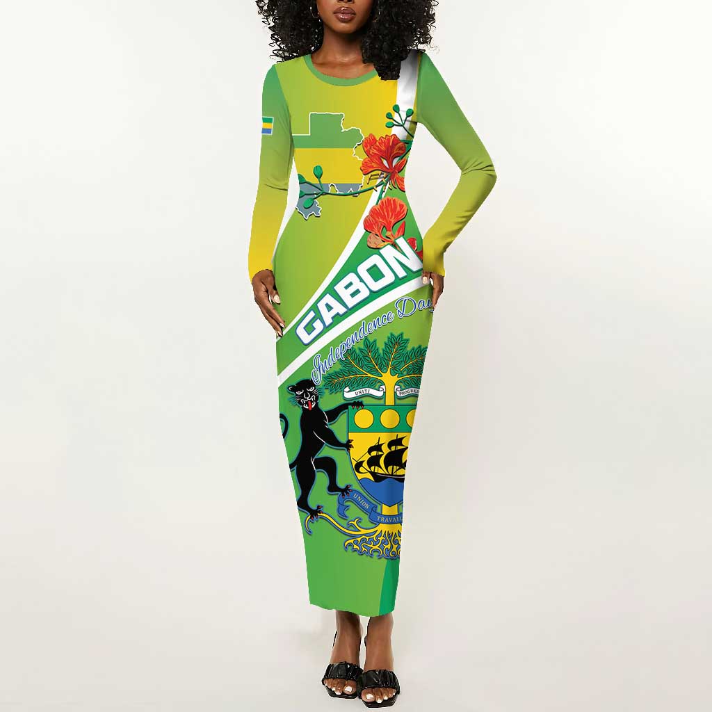 Personalized Gabon Independence Day Long Sleeve Bodycon Dress Gradient Style - African Pride