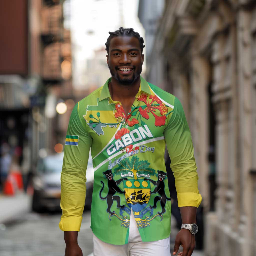Personalized Gabon Independence Day Long Sleeve Button Shirt Gradient Style - African Pride