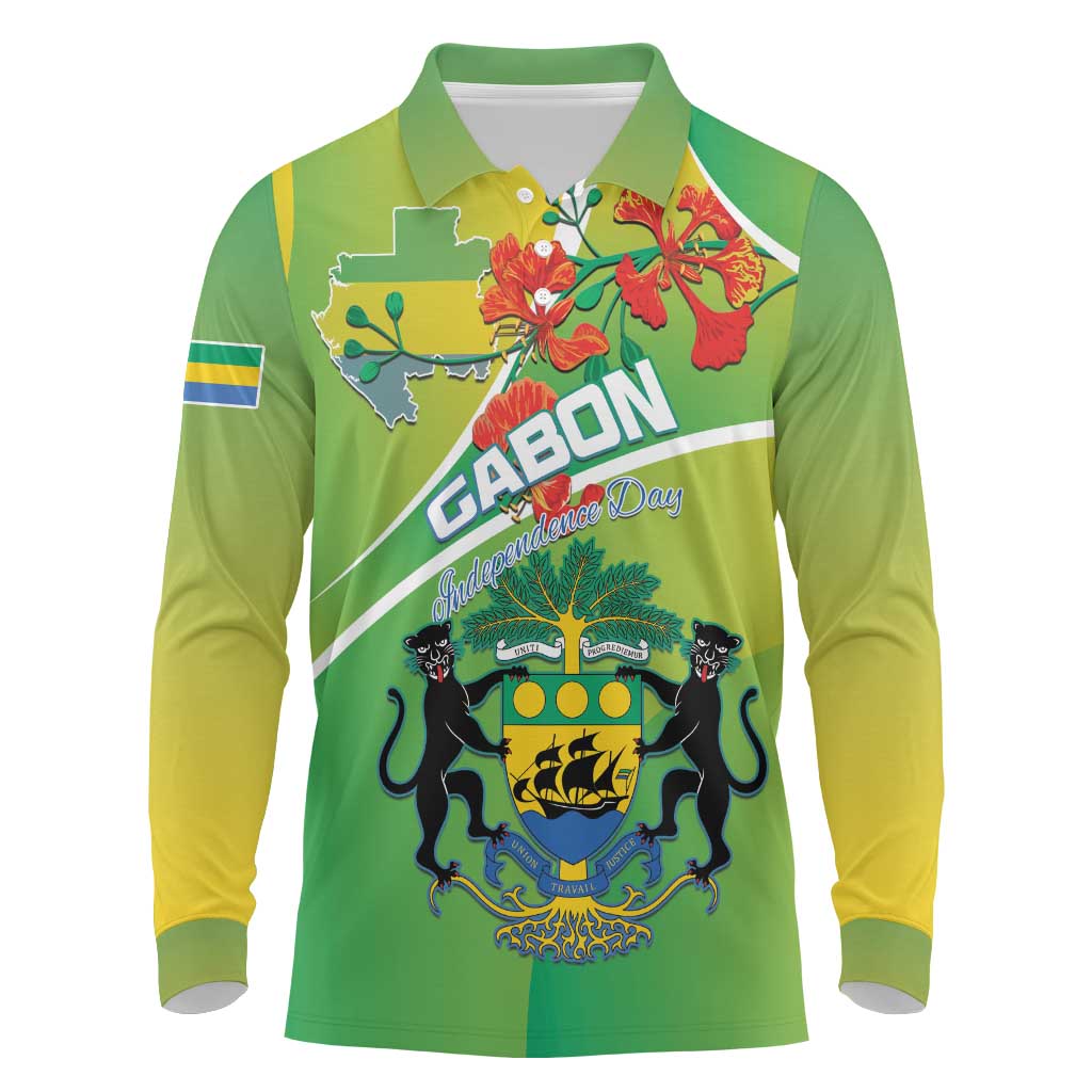 Personalized Gabon Independence Day Long Sleeve Polo Shirt Gradient Style - African Pride