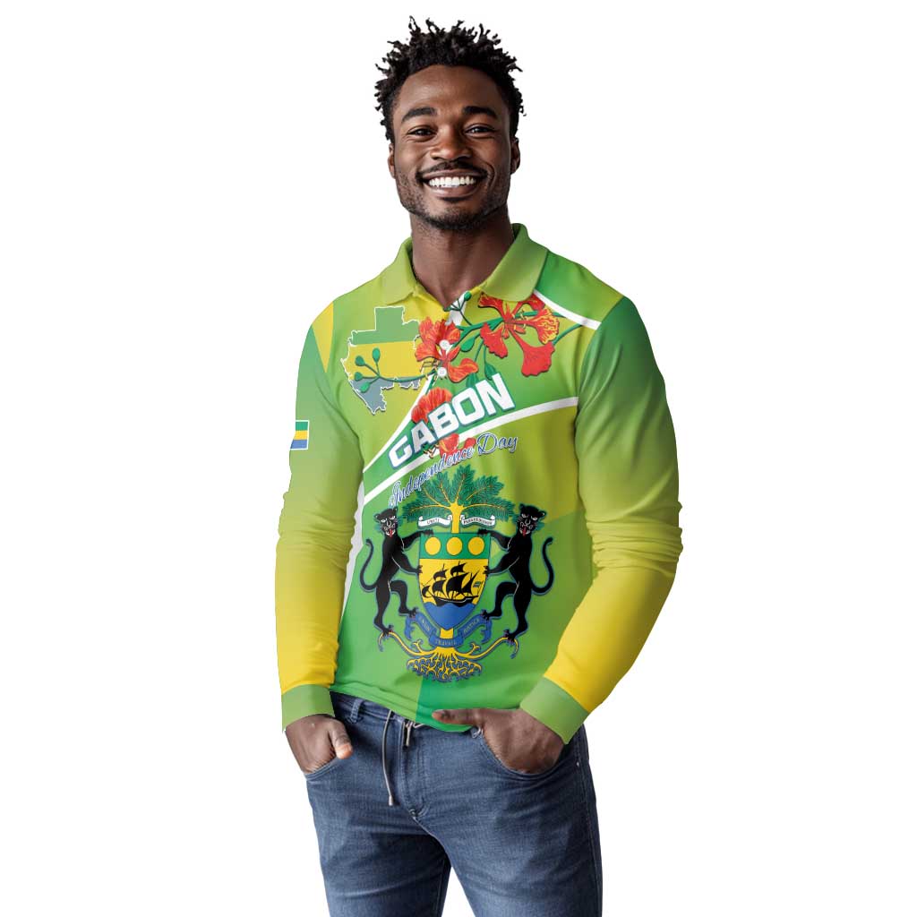 Personalized Gabon Independence Day Long Sleeve Polo Shirt Gradient Style - African Pride