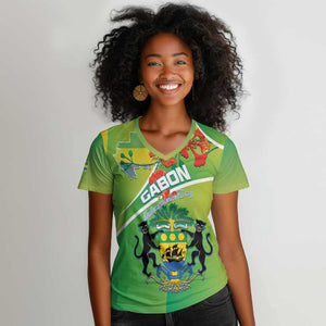 Personalized Gabon Independence Day Women V-Neck T-Shirt Gradient Style - African Pride