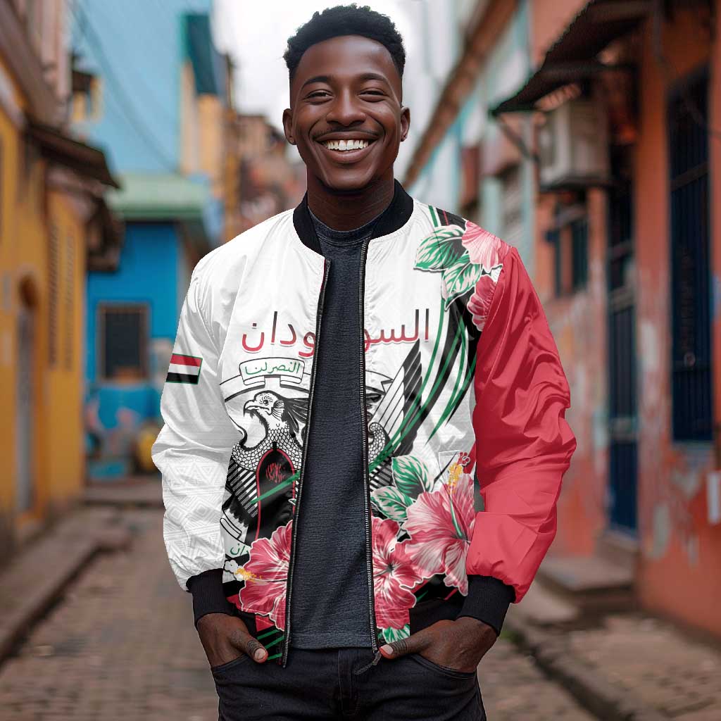 Personalized Sudan Bomber Jacket Sudanese Secretary Bird With Hibiscus - African Pride
