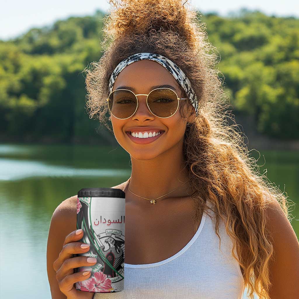 Personalized Sudan 4 in 1 Can Cooler Tumbler Sudanese Secretary Bird With Hibiscus - African Pride