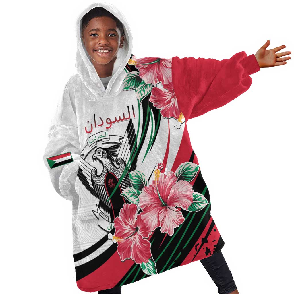 Personalized Sudan Kid Wearable Blanket Hoodie Sudanese Secretary Bird With Hibiscus - African Pride