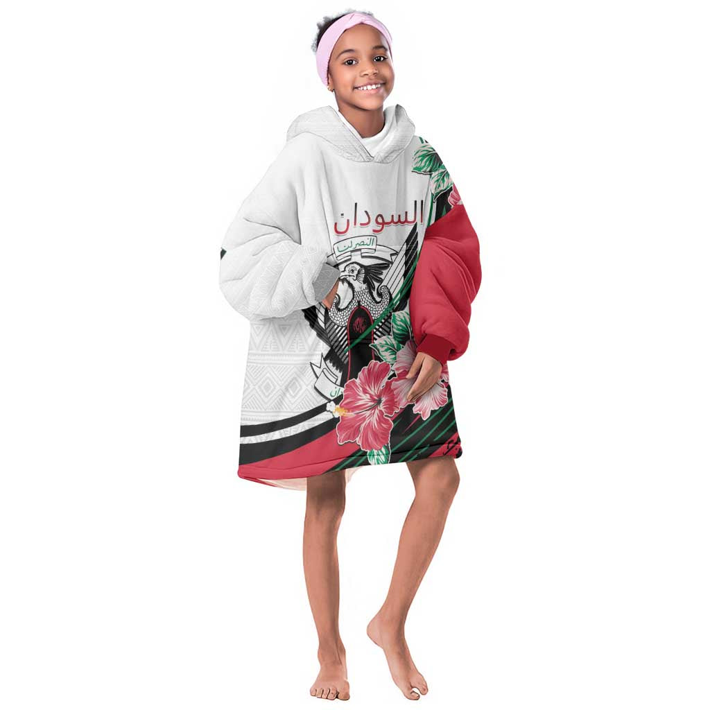 Personalized Sudan Kid Wearable Blanket Hoodie Sudanese Secretary Bird With Hibiscus - African Pride