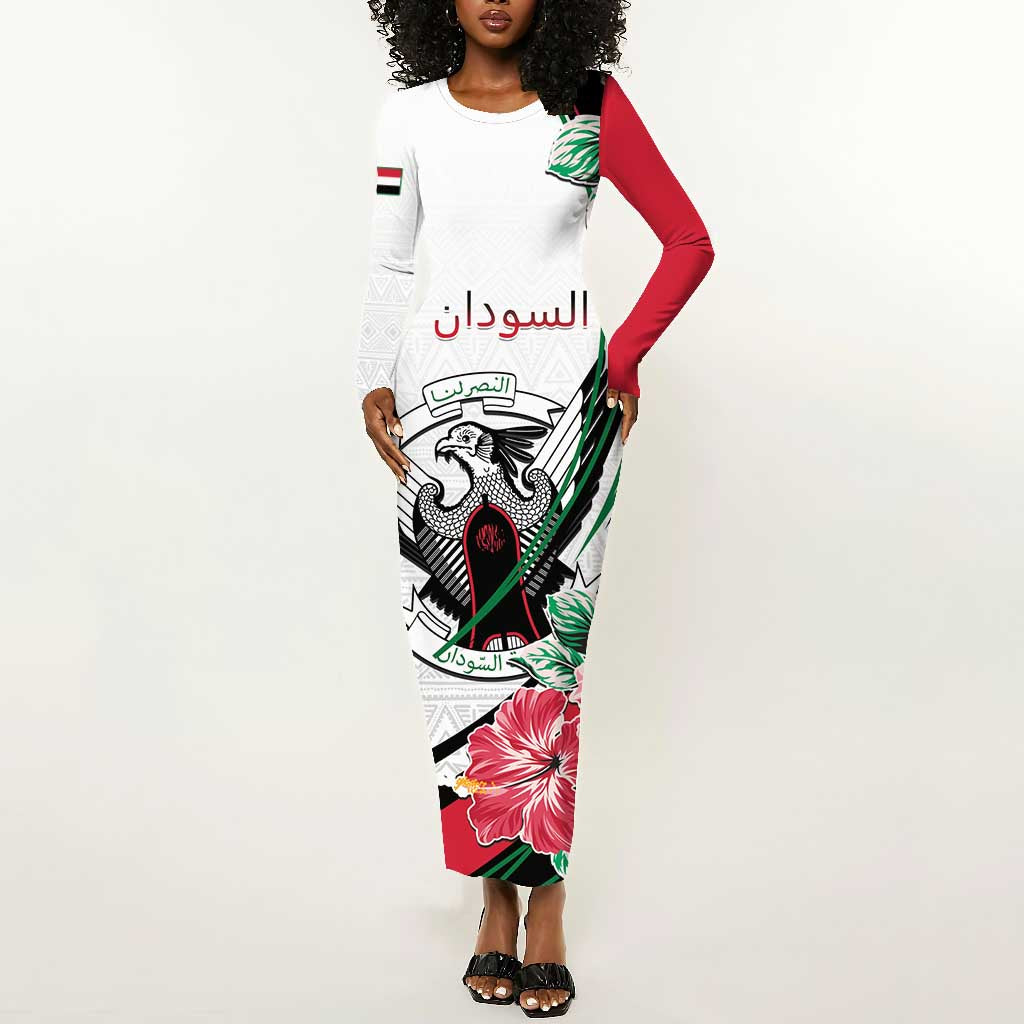 Personalized Sudan Long Sleeve Bodycon Dress Sudanese Secretary Bird With Hibiscus - African Pride