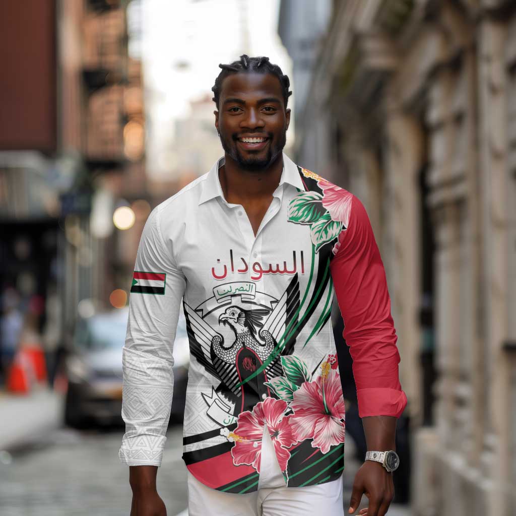 Personalized Sudan Long Sleeve Button Shirt Sudanese Secretary Bird With Hibiscus - African Pride