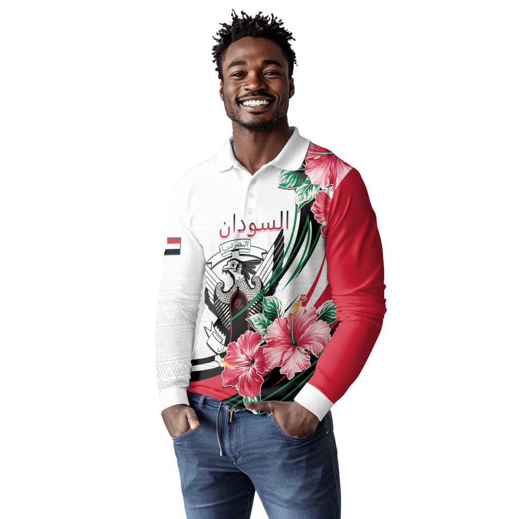 Personalized Sudan Long Sleeve Polo Shirt Sudanese Secretary Bird With Hibiscus - African Pride