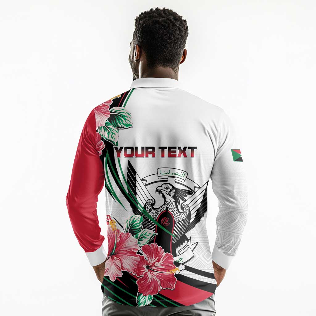 Personalized Sudan Long Sleeve Polo Shirt Sudanese Secretary Bird With Hibiscus - African Pride