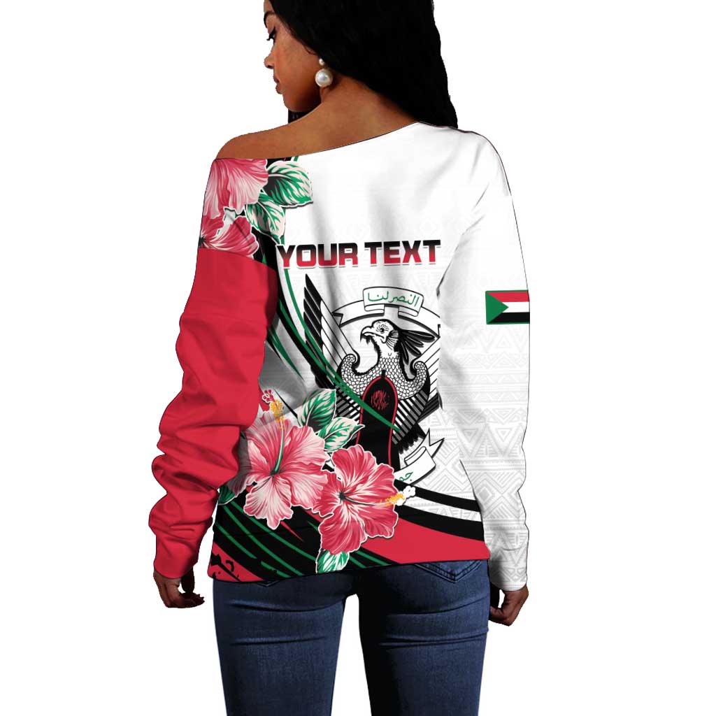 Personalized Sudan Off Shoulder Sweater Sudanese Secretary Bird With Hibiscus - African Pride