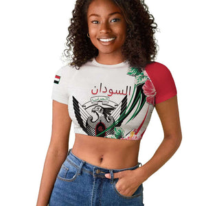 Personalized Sudan Raglan Cropped T shirt Sudanese Secretary Bird With Hibiscus - African Pride