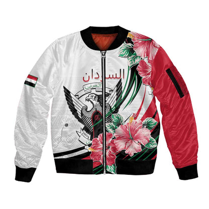 Personalized Sudan Sleeve Zip Bomber Jacket Sudanese Secretary Bird With Hibiscus - African Pride