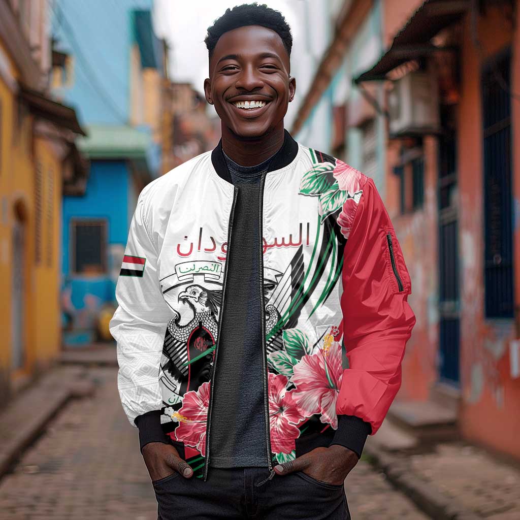 Personalized Sudan Sleeve Zip Bomber Jacket Sudanese Secretary Bird With Hibiscus - African Pride