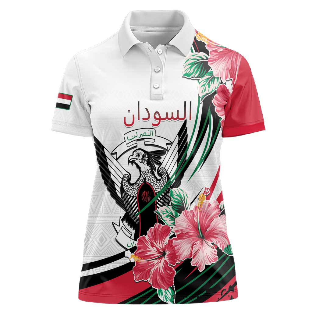 Personalized Sudan Women Polo Shirt Sudanese Secretary Bird With Hibiscus - African Pride