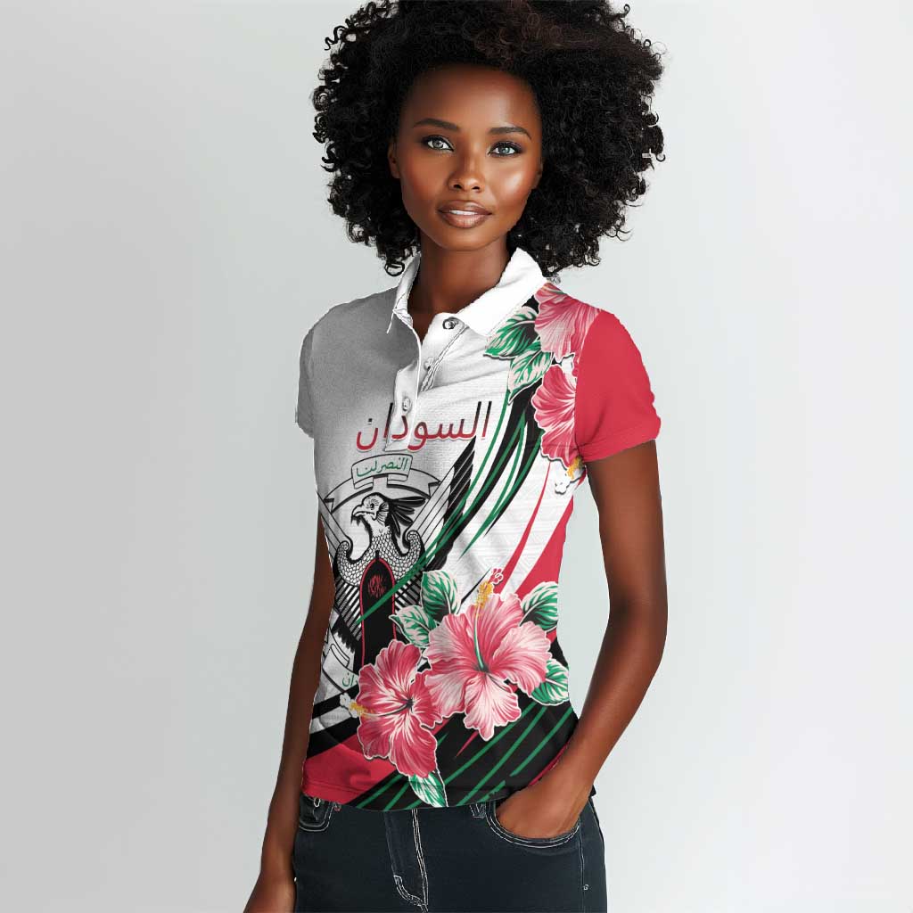 Personalized Sudan Women Polo Shirt Sudanese Secretary Bird With Hibiscus - African Pride